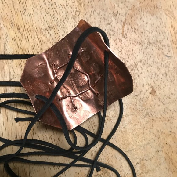 Septarian Dragons Egg Gemstone Brutalist Cuff Bracelet Tie Wrap Copper Suede - Picture 4 of 8